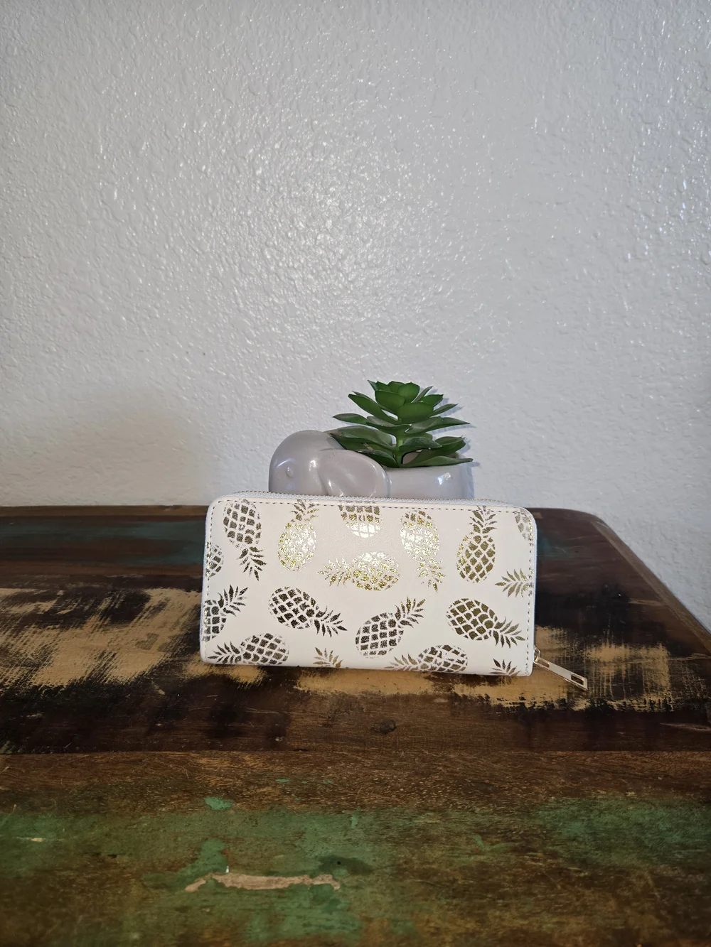 White Pineapple-Print Zip Wallet